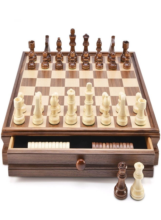 AMEROUS 15" x 15" Wooden Chess & Checkers Set with Built-in Storage Drawers/Weighted Chess Pieces / 2 Bonus Extra Queens / 24 Cherkers Pieces/Classic 2in1 Board Games for Kids, Adults - Image 3